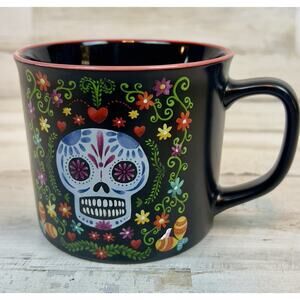Prima Design Sugar Skull Mug 16 oz Black Dia de los Muertos Floral Coffee Cup